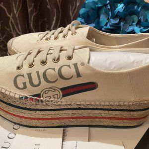 GUCCI CANVAS LOGO WEDGE ESPADRILLE PLATFORM SHOES